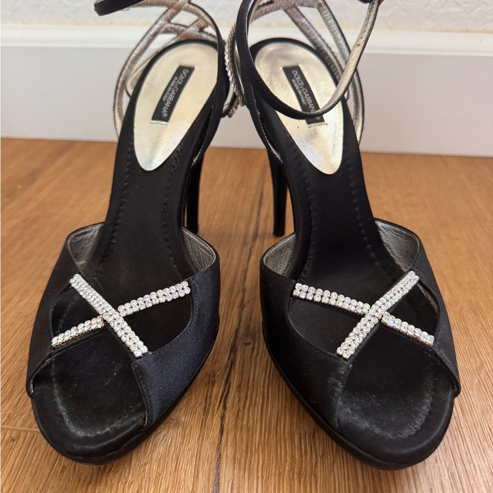 Black Satin Heels with Rhinestone Straps